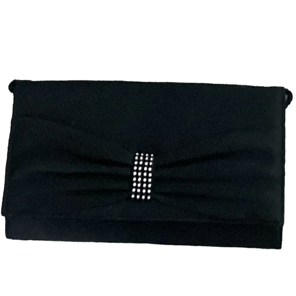 RR Rizman Ruzaini Black Satin Evening Purse Clutch Shoulder Bag Rhinestones 159N